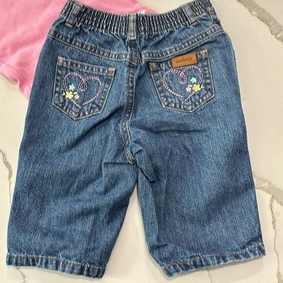 VTG Carter’s | Baby Girls Embroidered Denim Blue Jeans Pink Long Sleeve T Shirt - Picture 2 of 16